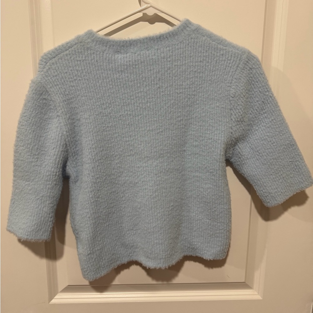 House of Harlow 1960 Blue Cropped Cardigan Short Sleeve Pearl Rhinestone Button - Picture 2 of 13